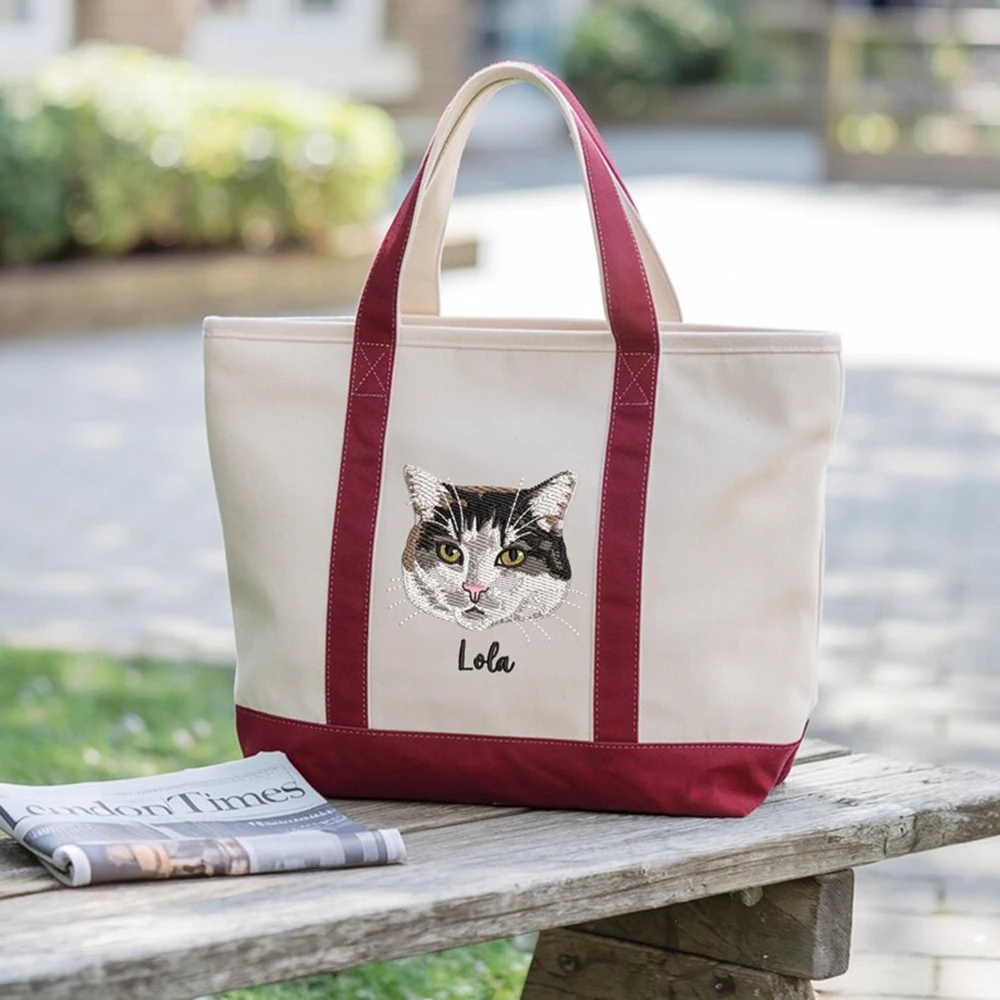 Personalized Dog Cat Mom Gift Custom Pet Portrait Tote Bag Large Capacity Canvas Tote Inner Zipper Front Pocket for Women