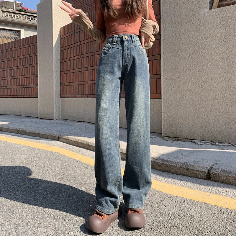 

2025 autumn new retro blue starry sky woven pattern jeans for women's pocket design leather straight trousers nine points