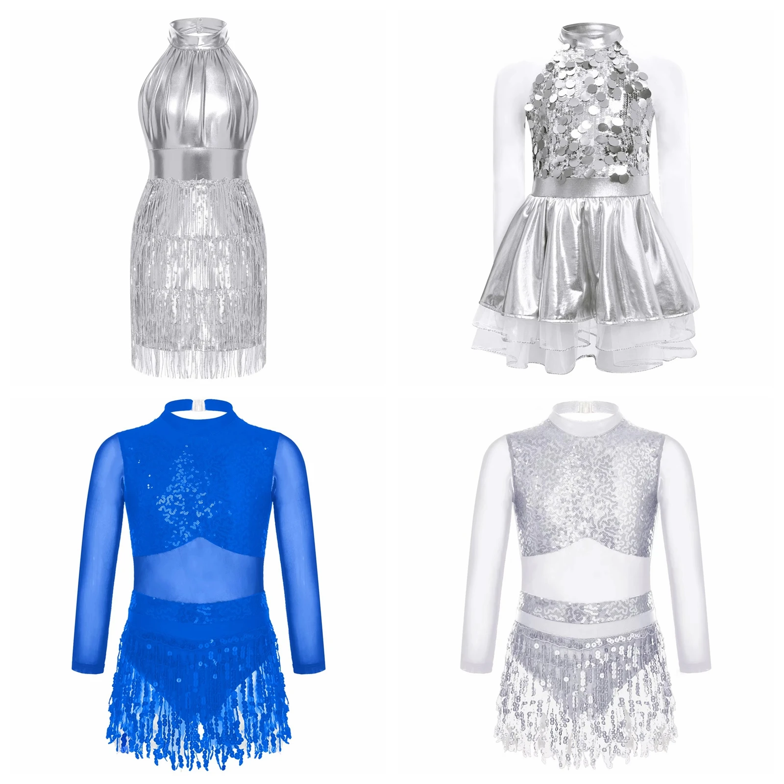 Mädchen Glitzer-Paillettenkleid Metallisches Rave-Disco-Tanzoutfit Ballsaal-Kleid Bühnen-Performance-Kostüm Kinder-Abendkleid