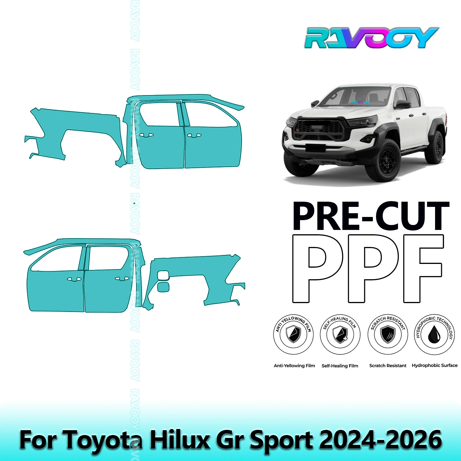 

For Toyota Hilux Gr Sport 2024-2026 8.5mil Clear Matte Pre-Cut PPF Door & A/B Pillar Kit TPU Paint Protection Film Set