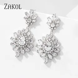 ZAKOL Luxury Rose Gold Color Crystal Leaf Drop Earrings for Wome Shinny Cubic Zirconia Bridal Wedding Jewelry