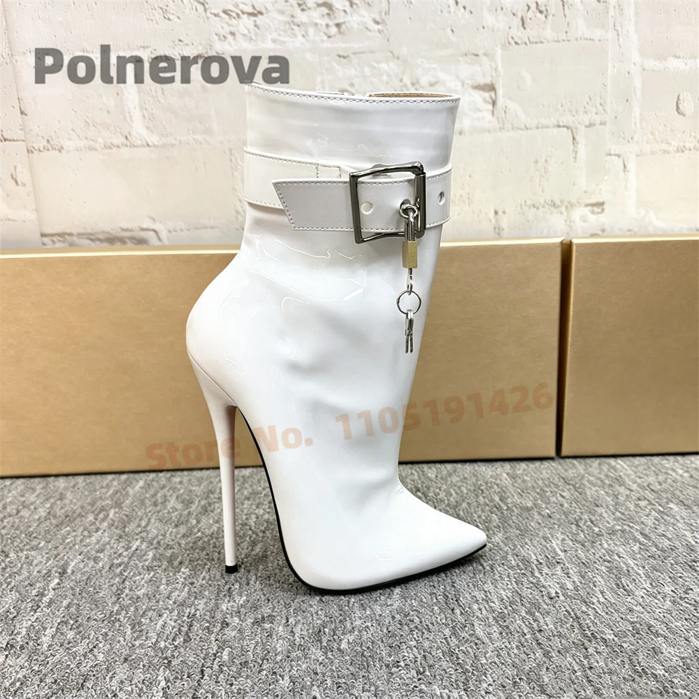 Bright Red Patent Leather Stiletto Ankle Boots with Metal Lock Women Pointy Toe Metal Buckle High Heels Autumn Winter Shoes