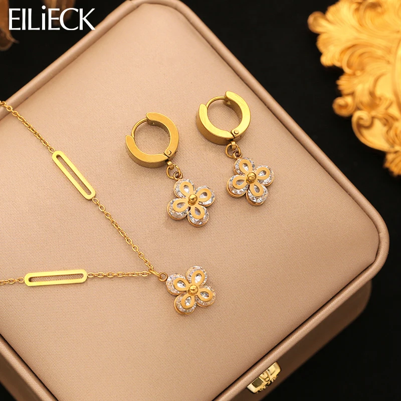 EILIECK 316L Edelstahl-Blütenblatt-Zirkon-Halskette-Ohrring-Set, trendig für Frauen, neues Party-Geschenk, luxuriöser wasserdichter Schmuck