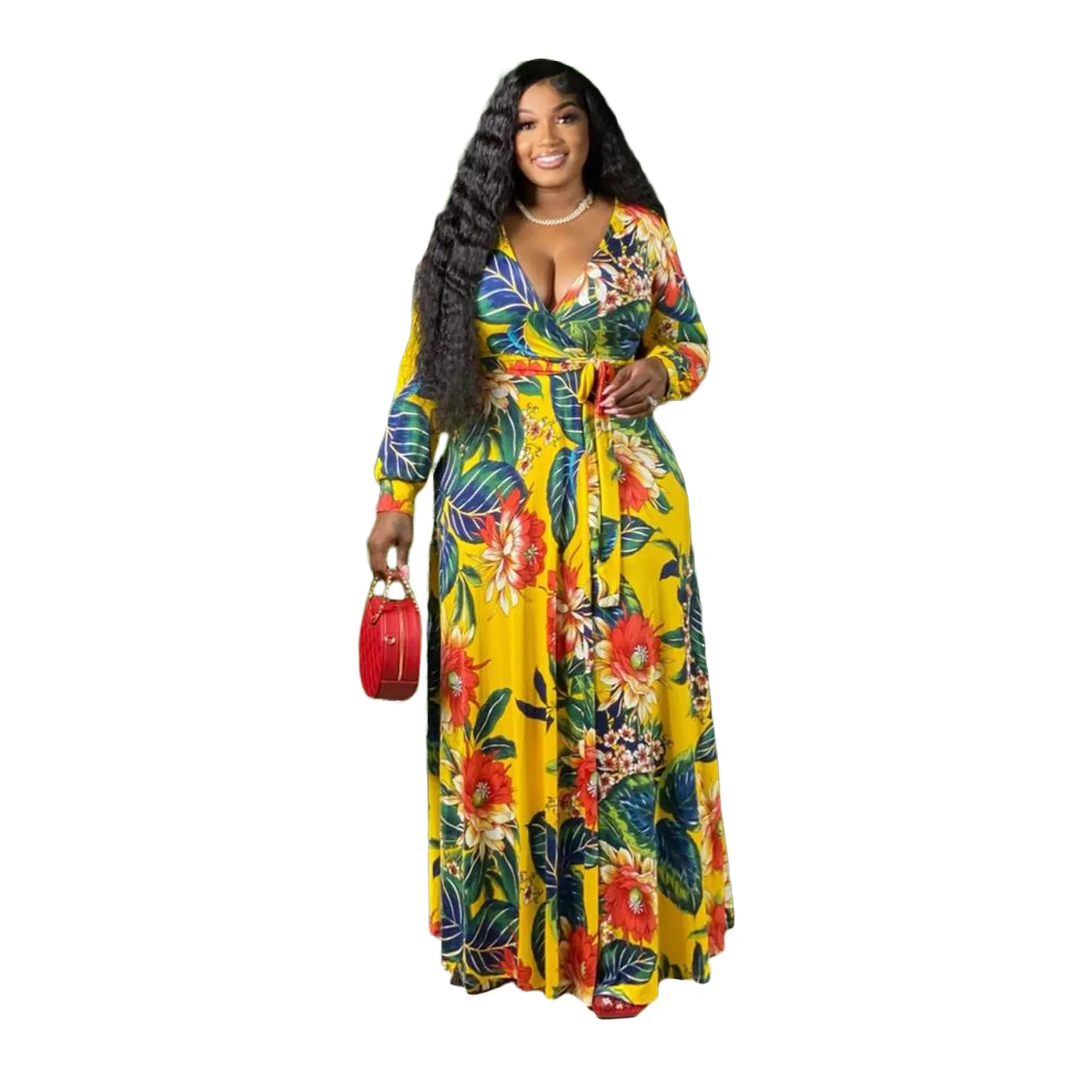 

Women's Sexy V-Neck Exquisitely Printed Plus-Size Dresses Explosive Tie-Up Slits Elegant Dresses Casual Loose Women's Clothes