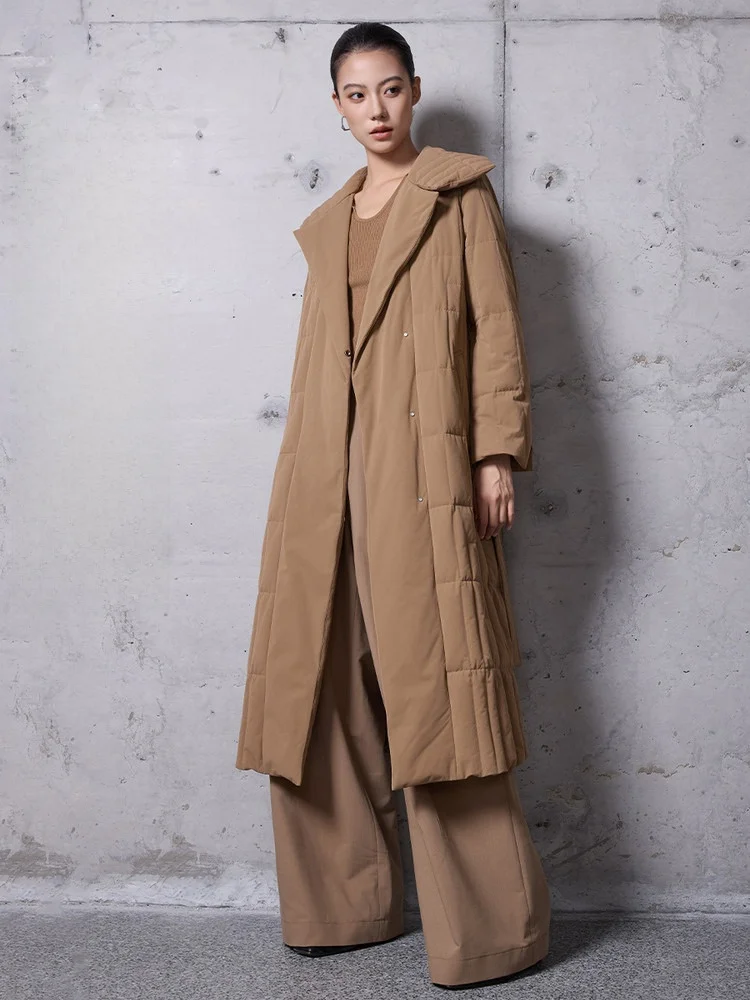 

Теплозаполненное белое пальто на гусином пуху с длинным рукавом на талии и поясом, верхняя одежда с воротником-стойкой, повседневное женское пальто