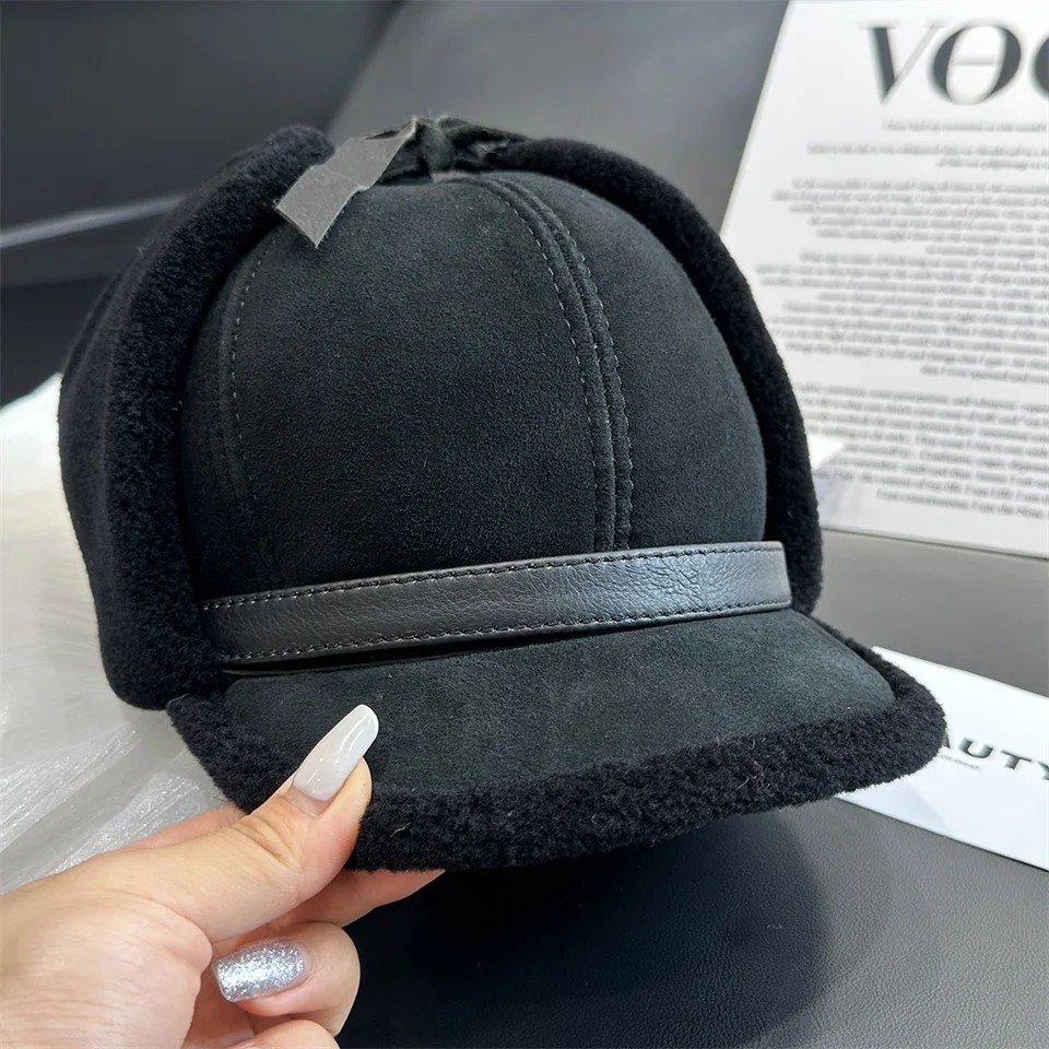 Neue Winter Herren Echtleder-Mütze mit Lammfell, Warme Dicke Ohrenklappe, Herren-Baseballkappe aus Schafsfell, Russische Mütze – Detail 14