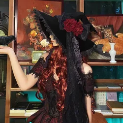 Handmade Lace Witch Pointed Hats Bandage Bow Wizard Hat Adult Gothic Lolita Cosplay Costume Accessories Halloween Party Hats