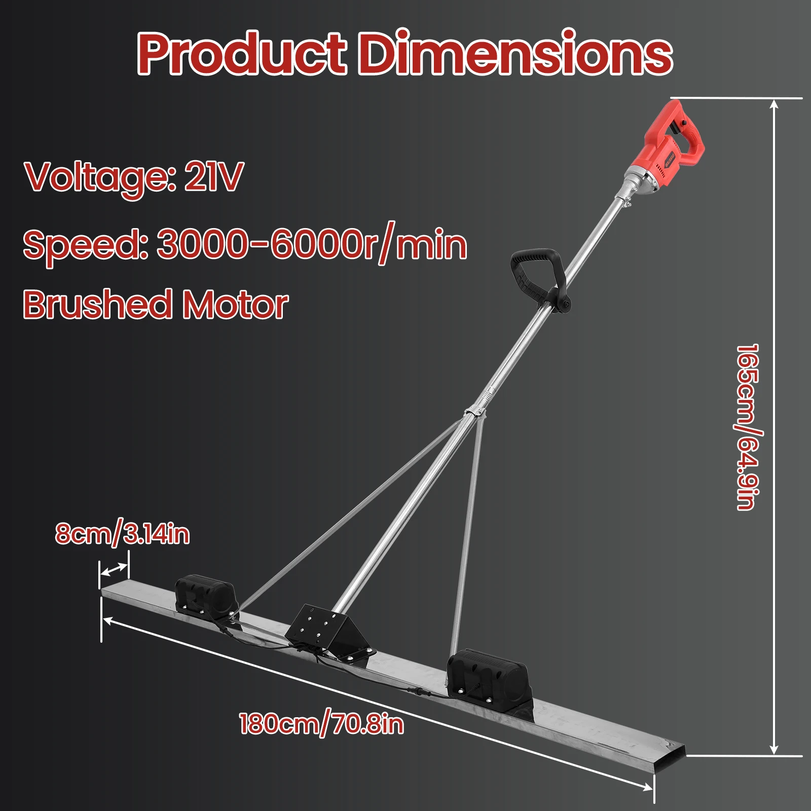 Electric Concrete Screed Vibrator, Cordless Battery Powered Cement Leveling Ruler – Concrete Finishing Tool with Stainless Steel Plate for Road, Sidewalk, Floor