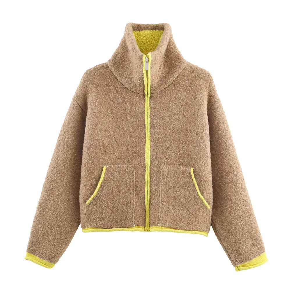 

2025 New Winter Cardigans Jackets Fashion Women Loose Contrasting Color Pilot Zipper Coats Casual Streetwear Thicken Outerwear