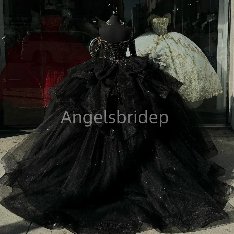 Angelsbridep świecący tiul czarny długie rękawy wielowarstwowa suknia balowa sukienki na Quinceanera 2025 Brithday Prom Party Vestidos De Fiesta