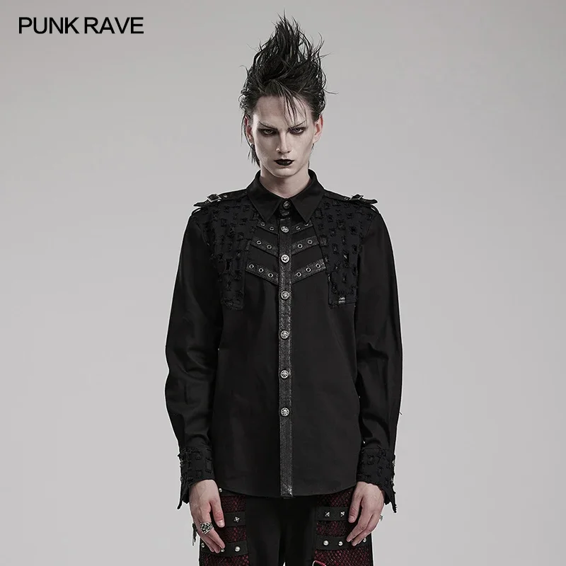 

PUNK RAVE Men's Punk Decadent Long Sleeve Shirt Handsome Metal Skull Buckle Casual Black Tops Shirts for Men Clothing