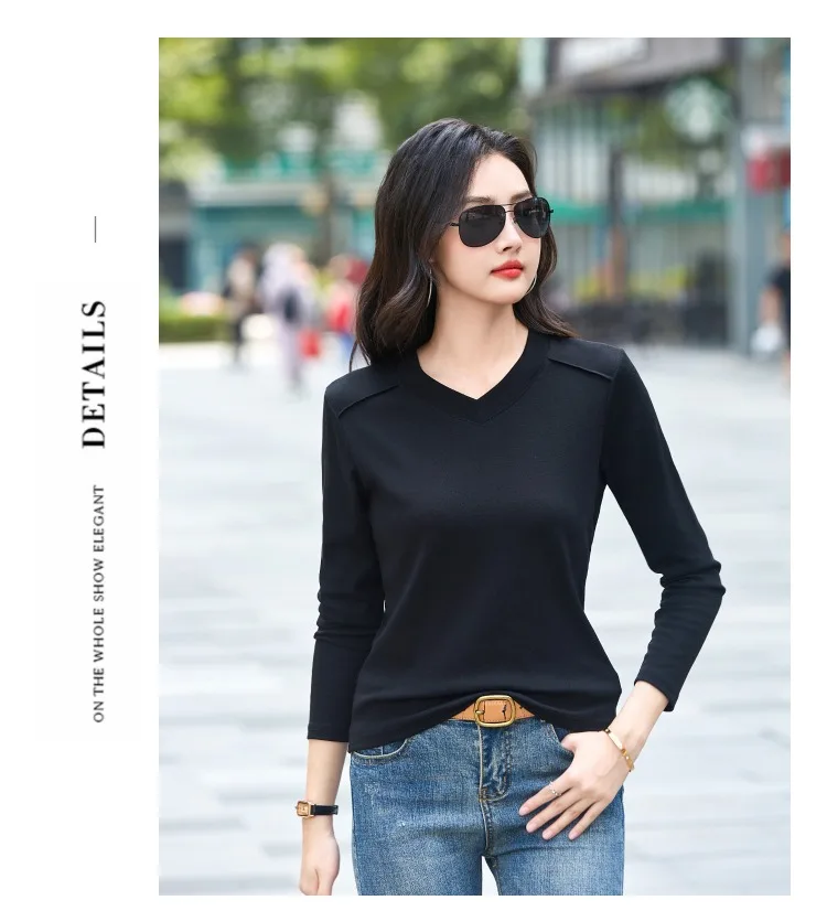 AOSSVIAO 2026 Damen Frühling Herbst 100% Baumwolle T-Shirt Basic Einfarbig Langarm Locker Sitzende Oberteile Shirts T-Shirt – Detail 9