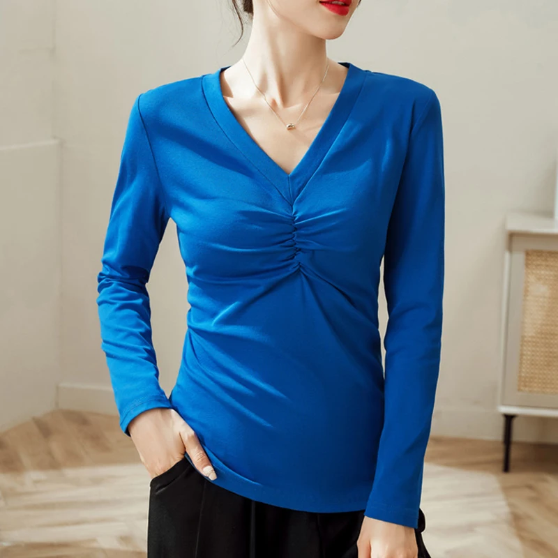 

Ropa De Mujer Cotton Long Sleeve T Shirt For Women V Neck White Tshirts Female Korean Fashion Slim Tops 2023 Spring Autumn Tees