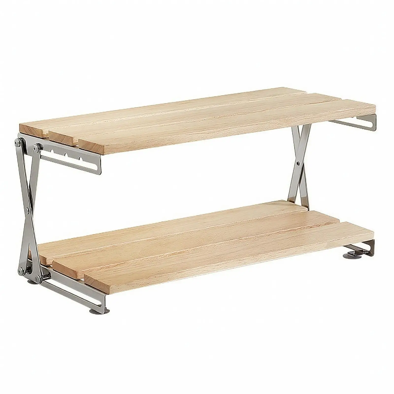 Countertop Kitchen Storage Rack Two Level Wood Shelf Metal Folding Stand for Condiment Jars Cookware Dish Organizer