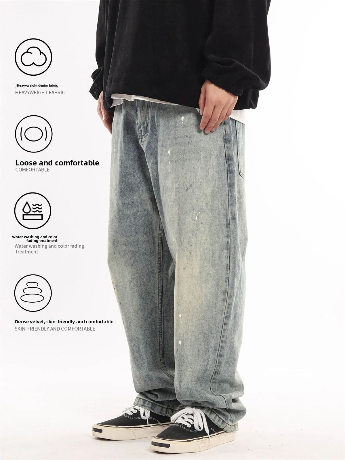 Retro American Graffiti Painted Distressed Cotton Straight Leg Loose Fit Casual Wide Leg Men's Jeans Heavy Washed Denim