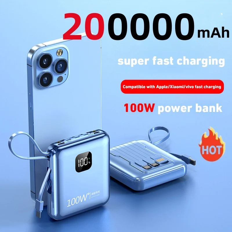 Banco de Potência Portátil de Grande Capacidade, 200000mAh, 100W, Carga Super Rápida, Cabo Embutido, Bateria Externa para iPhone, Samsung, Xiaomi