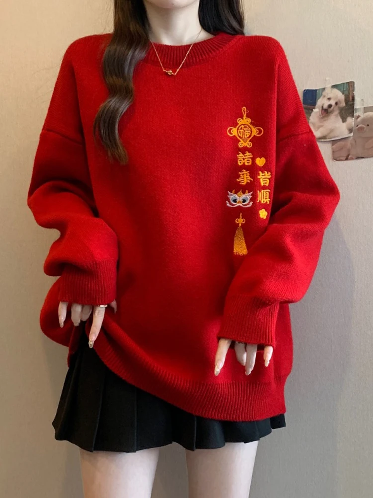 

Red Embroidered Knitwear Sweater for Women Autumn Winter plus Size Faionable Big Stitched Chinese New Year Luy Year Top