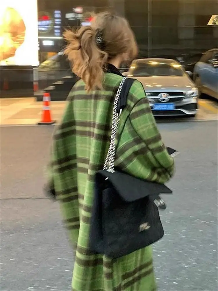 Green Woolen Plaid Coats for Women Fashion Autumn Winter Classy Vintage Long Outerwear Aesthetic Loose Ulzzang Female Clothes