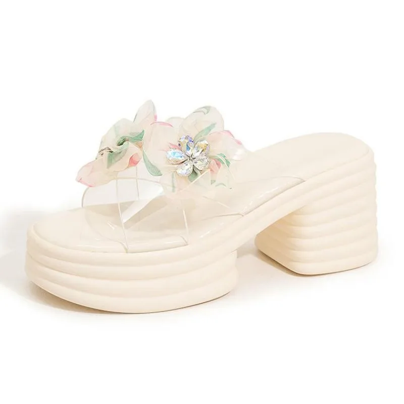 

Женские тапочки на высокой платформе 8 см, новинка лета 2023 года, женские пляжные сандалии на высоком каблуке с толстой подошвой и цветами, прозрачные шлепанцы из ПВХ