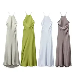 HH Dresses For Women Summer Fashion Solid Satin Long Dress Halter Backless Sexy Lady Elegant Evening Dress Vestido De Mujer
