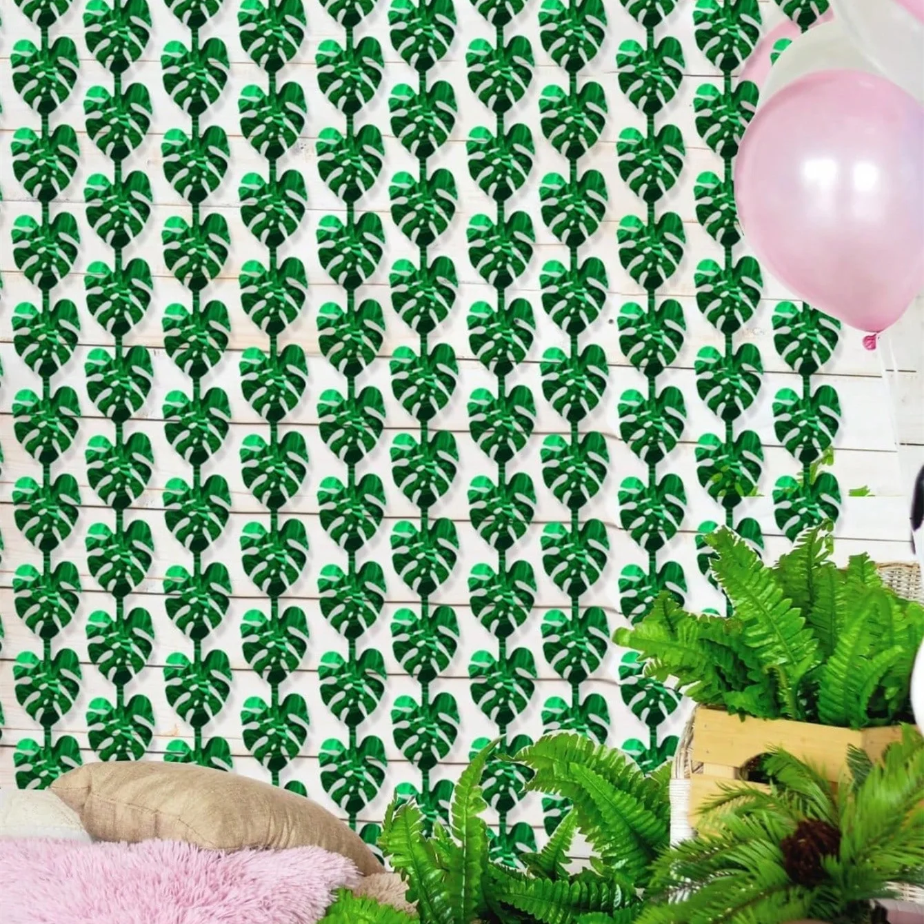 3.3x6.6ft Green Tropical Palm Leaves Photo Booth Prop Jungle Leaf Foil Fringe Curtain,Photo Backdrop for Safari Birthday Decor