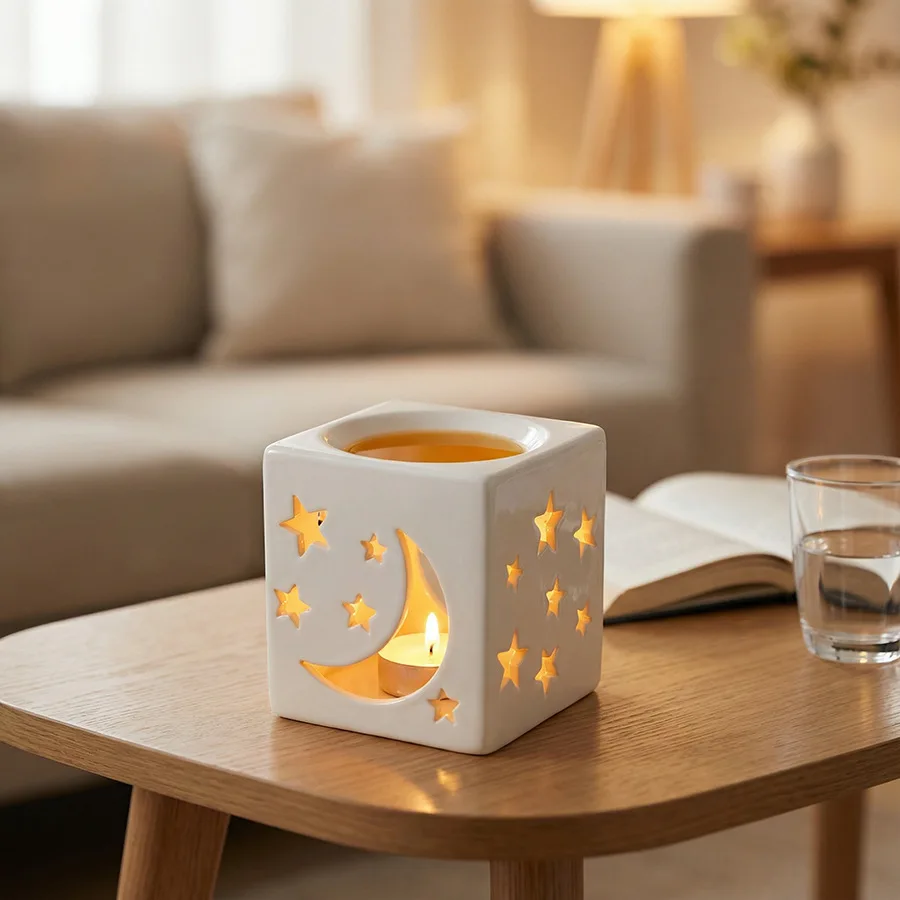 Star Moon Hollow Ceramic Oil Burner Tealight Heating Essential Warmer Desktop Aroma Candle Holder