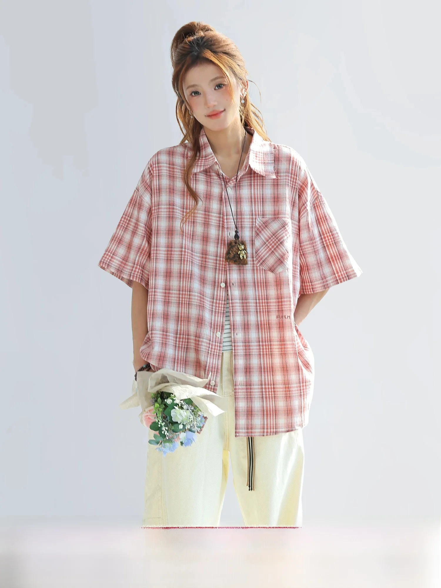

Рубашка из чистого хлопка в клетку с коротким рукавом, женская, свободного кроя, в корейском стиле, дышащая, удобная, на каждый день, на пуговицах, повседневная рубашка