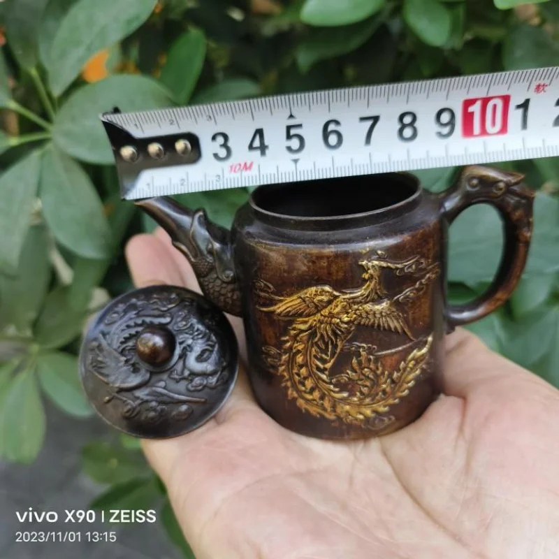 

Antique Copperware Collection Antique Brass Gilded Dragon and Phoenix Teapot Wine Pot Patinaed Old Dao Home Tea Ceremony Ornamen