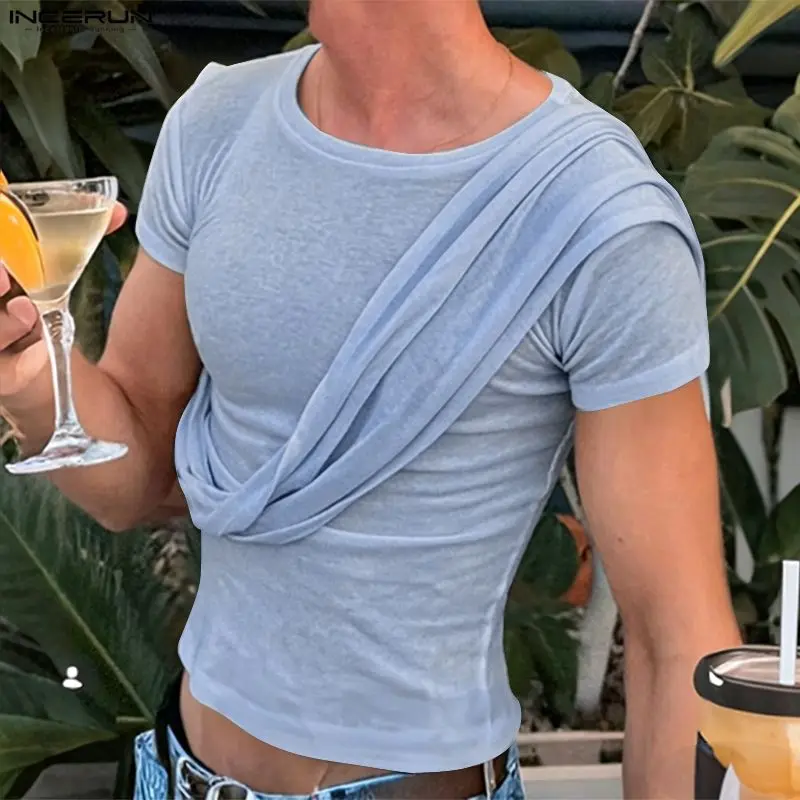 INCERUN Herren T-Shirt Einfarbig O-Ausschnitt Kurzarm Sommer Unregelmäßiges T-Shirt für Männer Streetwear 2026 Mode Lässige Herrenkleidung