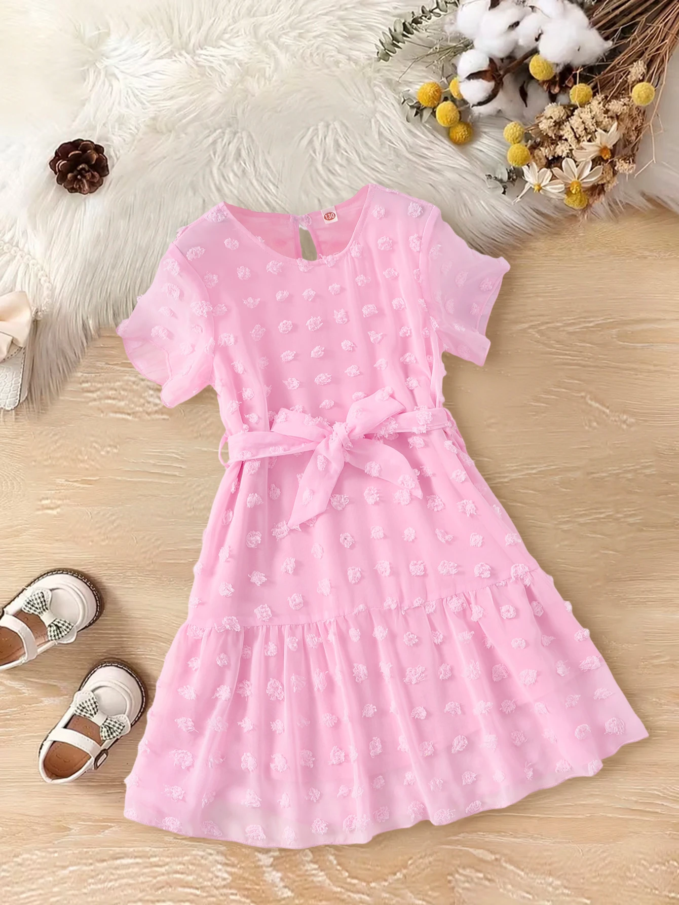 

Girls Pink Floral Embellished Dress Elegant Sweet Element Style Children's Clothing Soft Fabric Skirt for Girls