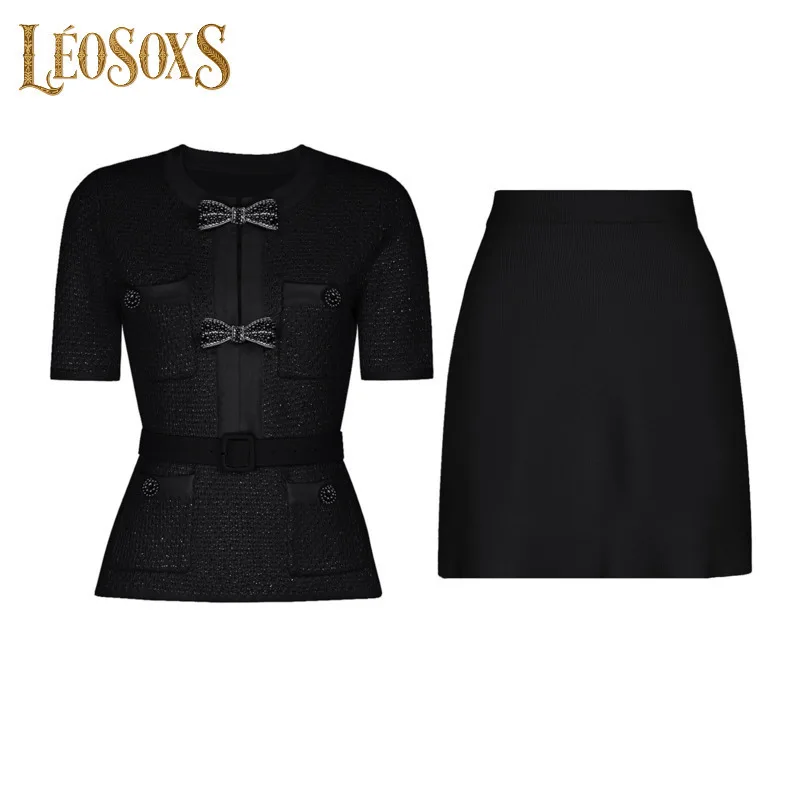 

Женский координатный комплект LEOSOXS: твидовый топ с короткими рукавами + мини-юбка с бантом для полированных повседневных и полуофициальных мероприятий 2025 г.