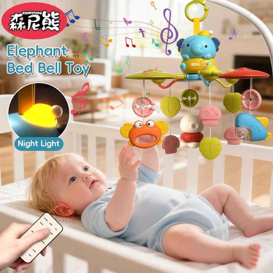 SENNIXIONG Olifant Bed Bel Elektrische Muziek Rotatie Nachtlampje Baby Rammelaar Montessori Zintuiglijke Speelgoed voor Peuter Pasgeboren Cadeau