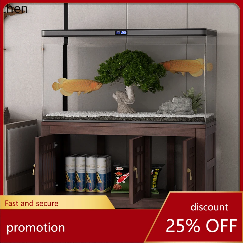 

HXL black walnut fish tank cabinet bottom solid wood living room aquarium bottom cabinet medium fish tank shelf with door