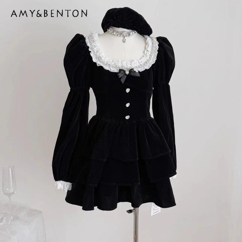 

French Retro Design Palace Style Women's Dress 2025 Autumn Winter New Sweet Cool High-end Princess Cake Velvet Dresses Ladies