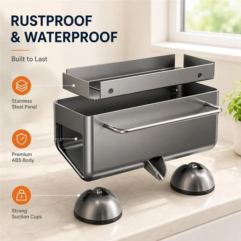 ABKP-Sponge Holder For Kitchen Sink, 45° Tilted Self Draining Sink Caddys Organizer With Towel Bar, Waterproof Rustproof
