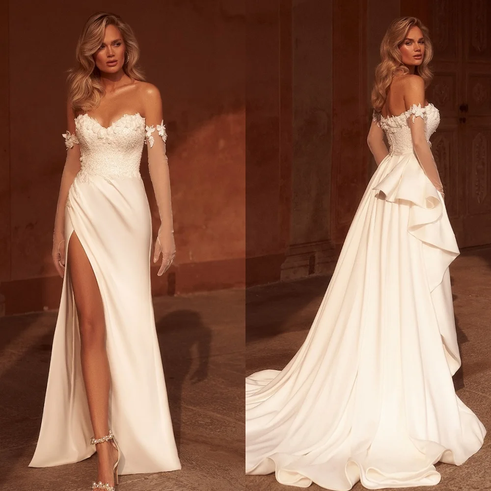 

Customized Exquisite White Satin Bridal Gowns Simple Strapless Detachable Sleeve Long Sleeves Wedding Dress Chapel Train Dress