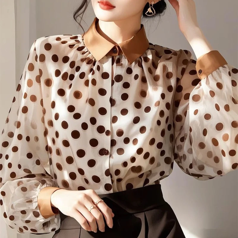 

French Style Spring Fall Women Stand Collar Patchwork Lantern Sleeve Dot Top Shirt , Woman Vintage Chiffon Tops Shirts