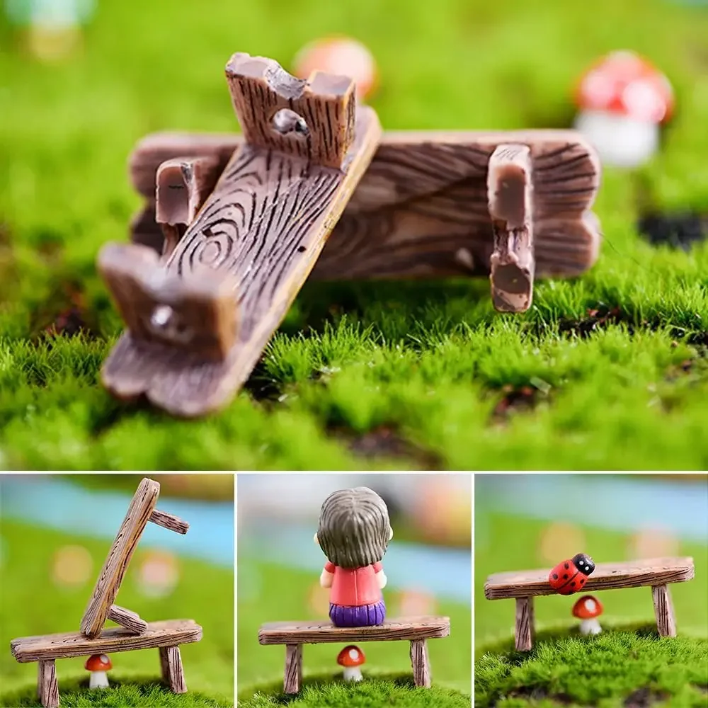 1PC Mini Wooden Park Bench Chair Succulents Bonsai Ornaments Romantic Resin Love Stool Small Fairy Garden Figurine