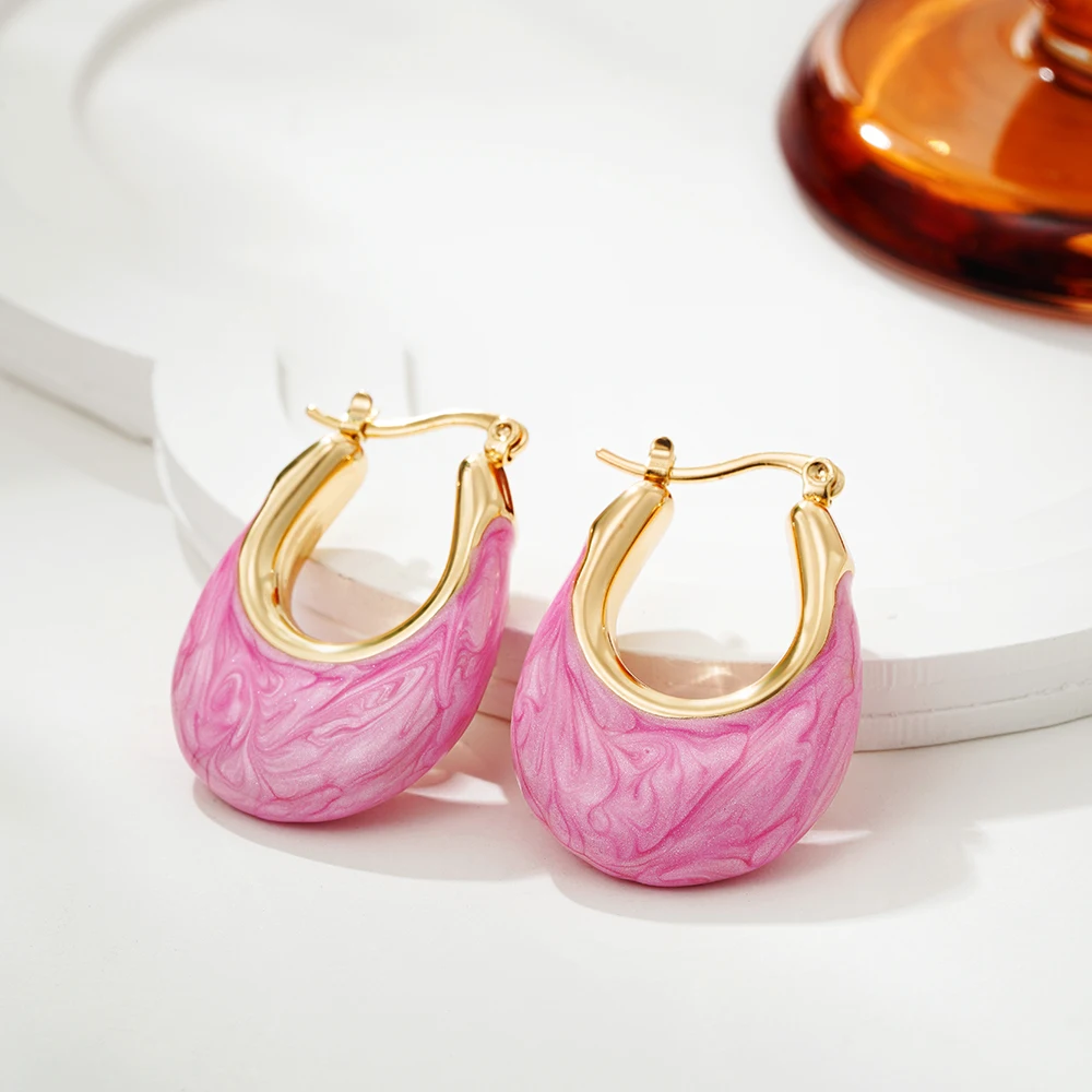 

Fashion Thick Circle Pink Enamel Huggie Hoop Earrings Cute Girls Multicolour Resin Ear Hoops Big U Stainless Steel Charm Jewelry