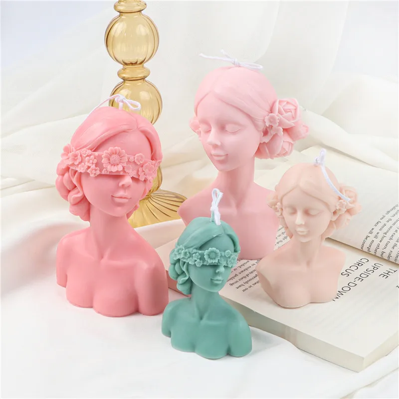 Blinded Braid Girl Silicone Candle Mold Closed Eyes Flower Half Body Beauty Aromatherapy Resin Mold Home Decoration Ornaments