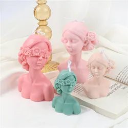 Blinded Braid Girl Silicone Candle Mold Closed Eyes Flower Half Body Beauty Aromatherapy Resin Mold Home Decoration Ornaments