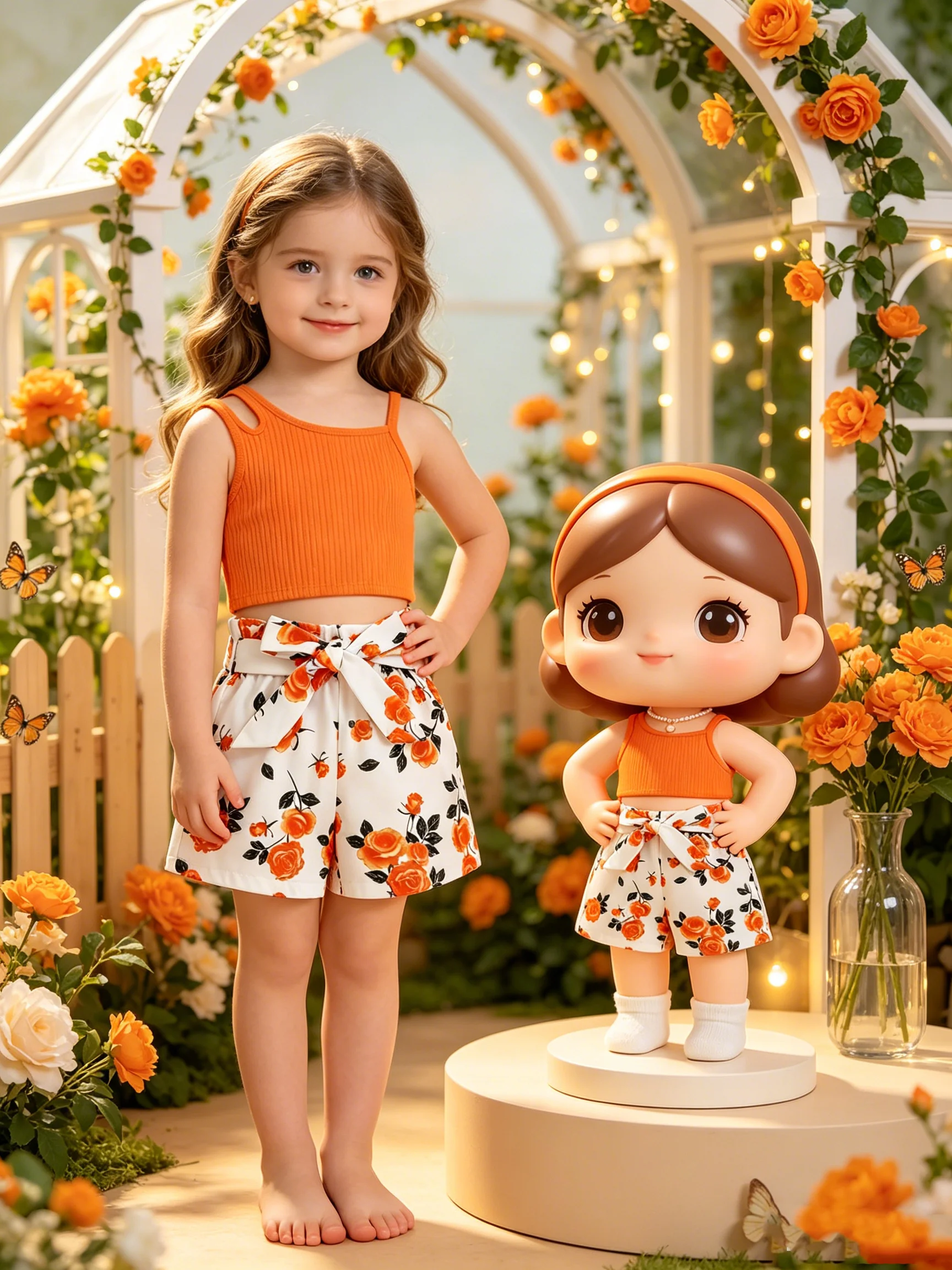 Mädchen-Kleidungsset in einfarbiger Ausführung mit ärmellosem Oberteil und Shorts mit Schleifenborte, diagonales Kragendesign für Kinder. – Detail 2