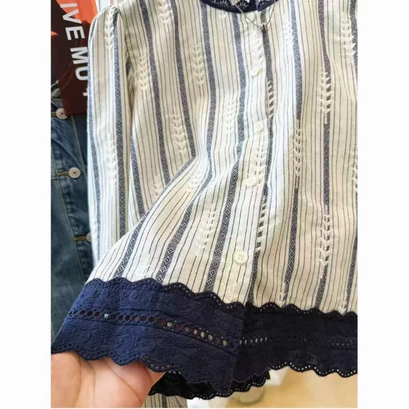 Women'S Long-Sleeved Shirt Fashionable Vintage Stripes French Style Autumn Ladies Clothes Lace Trim T-Shirts Y2k Cropped Tops