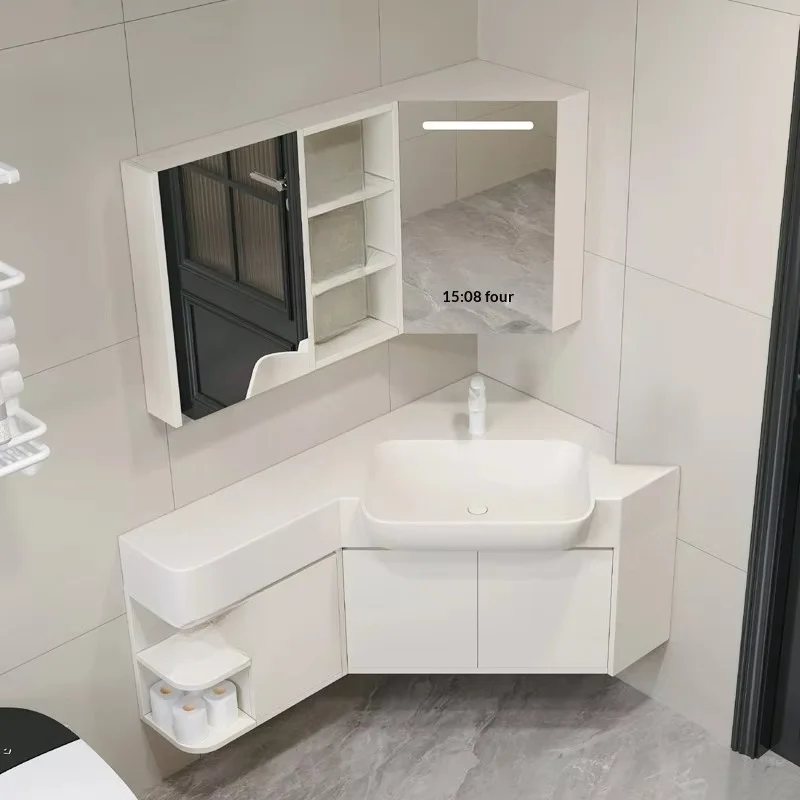 Bathroom cabinet, triangular design, mirror with lamp, paint-free finish