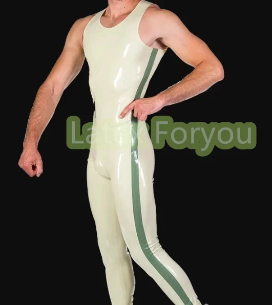 Handmade Latex Rubber Sleeveless Catsuit White with Green Strips Latex Catsuit Sling Latex Bodysuit Suit Anzug Tight  Crotch Zip