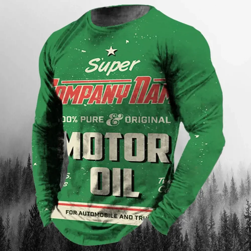 Vintage Men\'s T Shirt Long Sleeve Cotton Top Tees Castrol Oil Graphic 3D Print Motorcycle T-shirt Oversized Loose Comfortable To