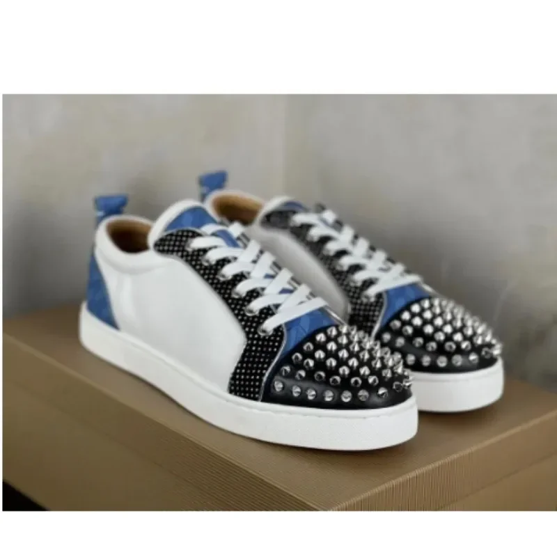 

Luxury Leather NEW Red Sole Men's Shoes Rhinestone Rivets High Top Women's Shoes Sneakers