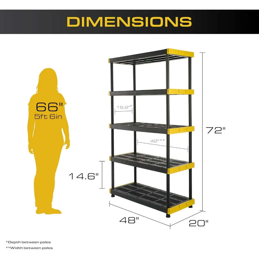 Heavy-Duty 5-Shelf Plastic Storage Unit, 200lbs Capacity, 72H x 48W x 20D, Suitable for Indoor and Outdoor Organization