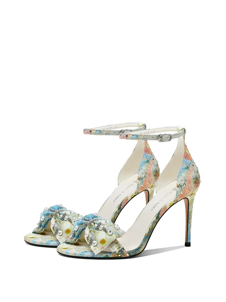 Summer New Colorful Cloth Pearl Chain Water Diamond Bow Strap Sandals Party Dress Versatile Leather Fine Heels Women's Shoes