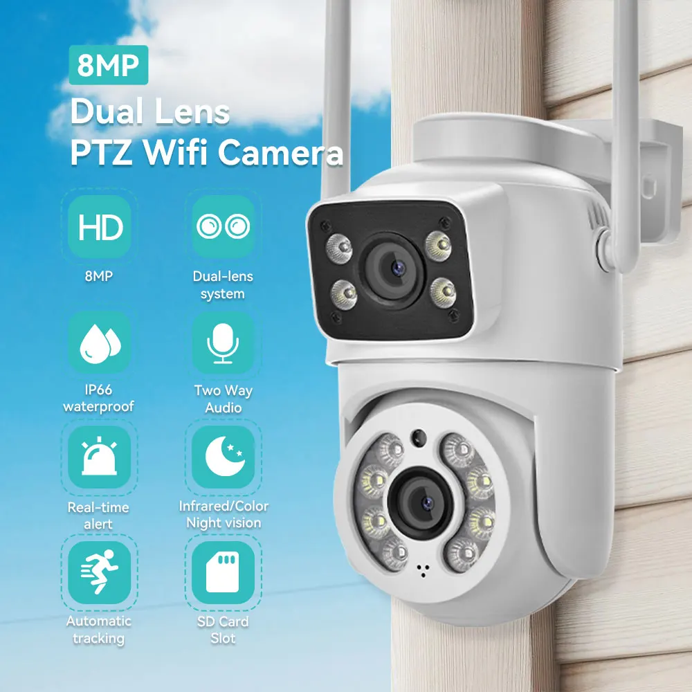 8MP 4K Dual Lens PTZ WiFi Camera Outdoor IP66 Waterproof Dual Screen AI Human Detection Color Night Vision Auto Tracking ICSEE